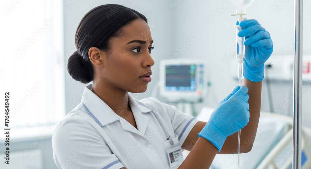 Iv Line Monitor Nurse checking IV line in hospital room, healthcare professional ...