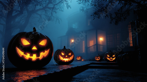 Wallpaper Mural Eerie Halloween night featuring glowing jack-o'-lanterns lined up in front of a haunted house in a foggy, moonlit setting. #HalloweenVibes Torontodigital.ca