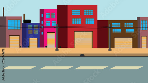 Colorful building in the city street vector illustration with buildings, sidewalk, and power lines, flat urban landscape background