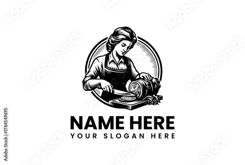 Vintage Style Woman Slicing Meat Roll on Wooden Board Illustration.