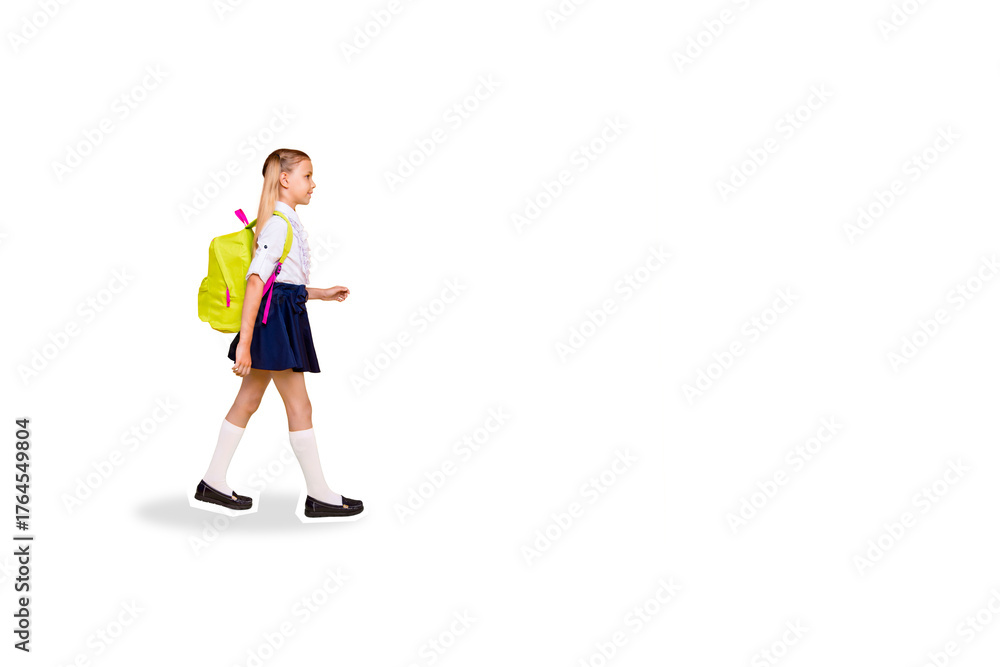 Fototapeta premium Composite photo collage of happy blonde girl walk school carry backpack supplies preparation education isolated on painted background