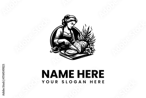 Woman Slicing Food on Cutting Board with Knife in Detailed Black and White Illustration.