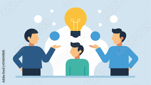 A mentor giving feedback to aspiring entrepreneurs with thought bubbles shaped like light bulbs above both symbolizing idea exchange.