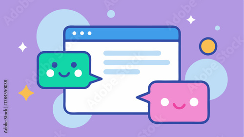 A chat interface featuring speech bubbles that bounce around the screen animated with playful tails that wiggle and change colors with new messages.