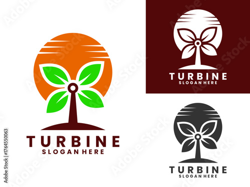 Turbine energy leaf logo design vector template. Mill combination with leaf and sun. Nature energy logo. Green energy logo