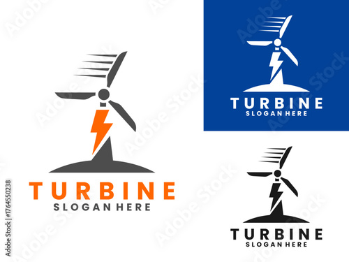 Turbine with lightning logo design vector template. Propeller energy nature logo design