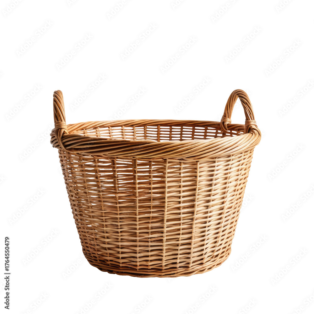 Fototapeta premium Woven round basket with handles, empty, against black background