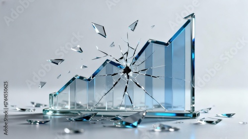 Broken glass bar chart with shards scattered, symbolizing a financial crisis, economic downturn, or a sudden market crash.