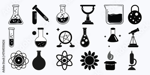 Collection of Science and Laboratory Icons: Flasks, Beakers, Atoms, and More