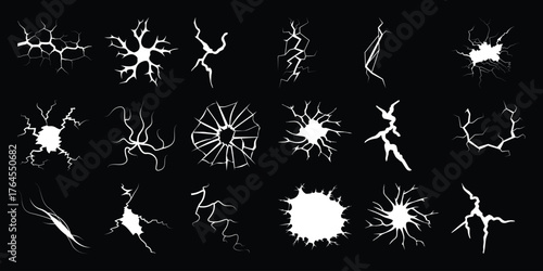 Collection of White Cracked and Broken Glass Effects on Black Background
