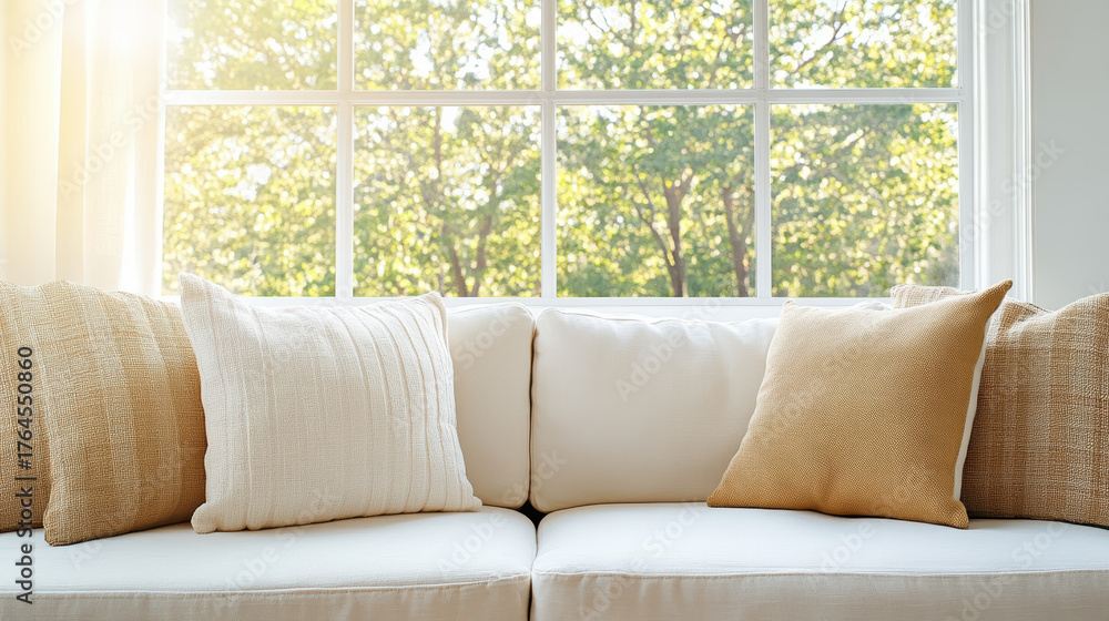 Fototapeta premium Cozy sofa adorned with soft pillows, sunlight streaming through window, creating warm atmosphere