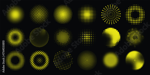 Collection of Yellow Halftone Circles and Spheres on Black Background