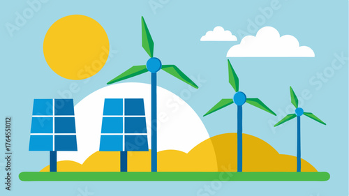 Wind turbines and solar panels combined in a harmonious setup illustrating the complementary relationship between wind and solar energy generation.