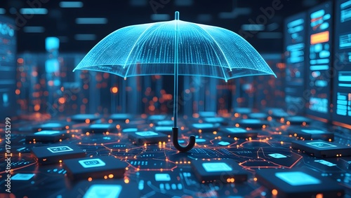 Futuristic 3D concept of a holographic umbrella shielding a glowing network of interconnected devices on a digital surface, symbolizing cybersecurity, internet privacy, and data protection.