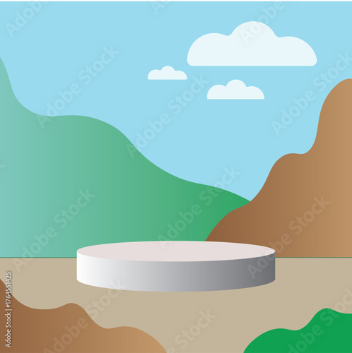 Abstract minimal scene with geometric forms. cylinder podium in nature green background with green plant leaves.
