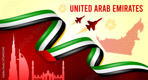 UAE National Day Banner with Flag Ribbon and Landmarks