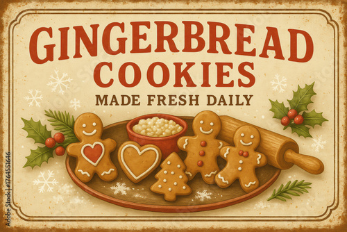 Vintage Gingerbread Cookies Christmas illustration, smiling cookie men and heart shapes on rustic wooden tray, cozy farmhouse holiday art for kitchen wall decor, prints, posters, cards
