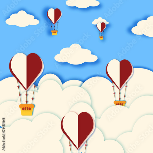 Vector illustration of red and white heart-shaped hot air balloons floating in the blue sky among soft clouds. Romantic and dreamy scene symbolizing love, travel, and freedom.