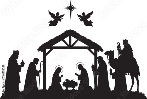 Vector art of silhouette of nativity scene, depicting the birth of jesus with mary, joseph, and the three wise men, a symbol of faith, hope, and the spirit of christmas