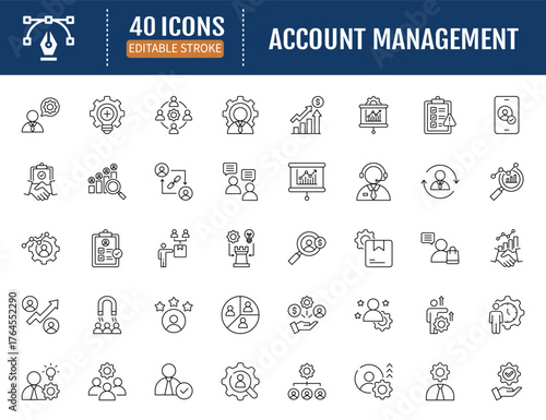 Account management line icon set. Includes
client engagement, retention, sales support,
verified, business presentation, contract
negotiation, upselling. Vector Illustration with
Editable Strokes