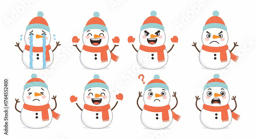 Vector illustration set of snowman heads wearing winter hats and scarves, featuring eight different and comical facial expressions.