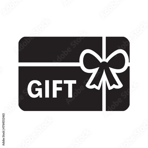Simple black gift card illustration with a white ribbon and text