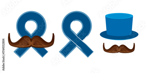 Hat, Blue ribbon with moustache symbol november mens health month. Doodle style Blue ribbon and moustache icons isolated on white background. Sticker , label and icon of prostate cancer awareness set