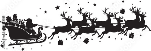Vector art of santa claus in his sleigh pulled by reindeer, flying through the night sky with stars and gifts, capturing the magic and wonder of christmas eve