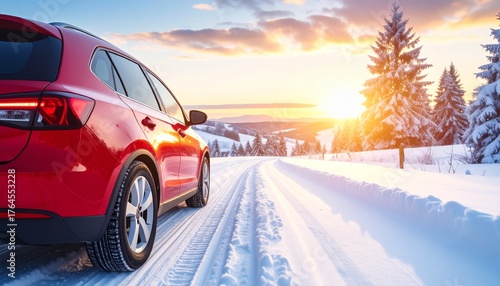 Red car on snowy road