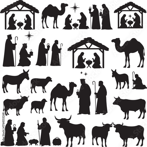 Vector art of nativity scene silhouettes, depicting the birth of jesus, wise men, shepherds, and animals, ideal for christmas cards, religious projects, and holidaythemed designs