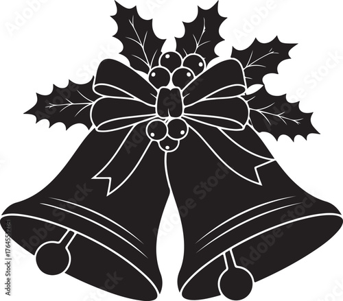 Vector art of elegant christmas bells silhouette, adorned with holly leaves and a decorative bow, creating a festive and classic symbol for holiday greetings and celebrations