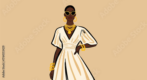 Elegant woman in white dress with gold jewelry poses