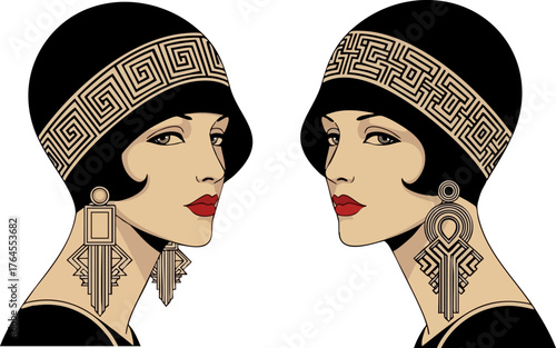 Flapper girls in art deco style with vintage earrings