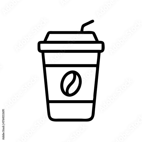 A coffee cup designed in a simple line art style features a straw and a coffee bean logo. This minimalist depiction can be used for branding or menu designs