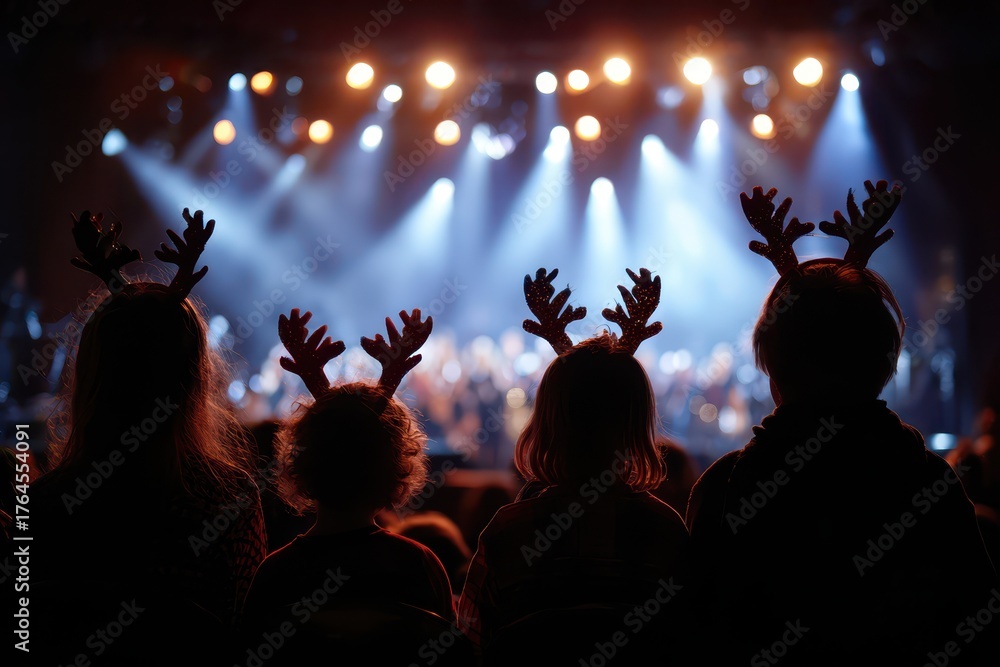 Fototapeta premium Children Christmas Choir. Merry Holiday Concert with Young School Choir on Christmas Stage