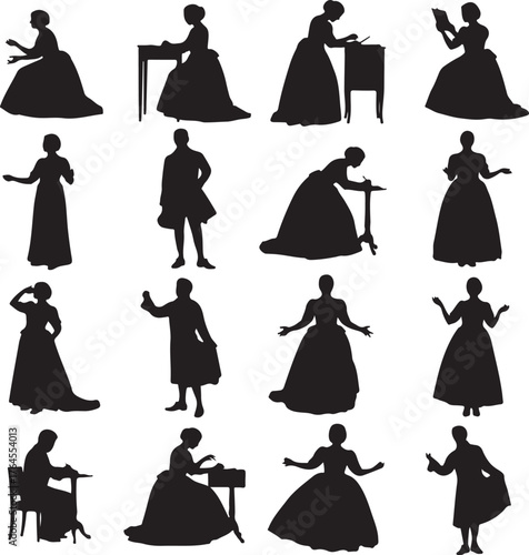 Vector art of silhouette collection of women in vintage dresses, showcasing various poses and activities from the 18th and 19th centuries, ideal for historical or fashionrelated designs