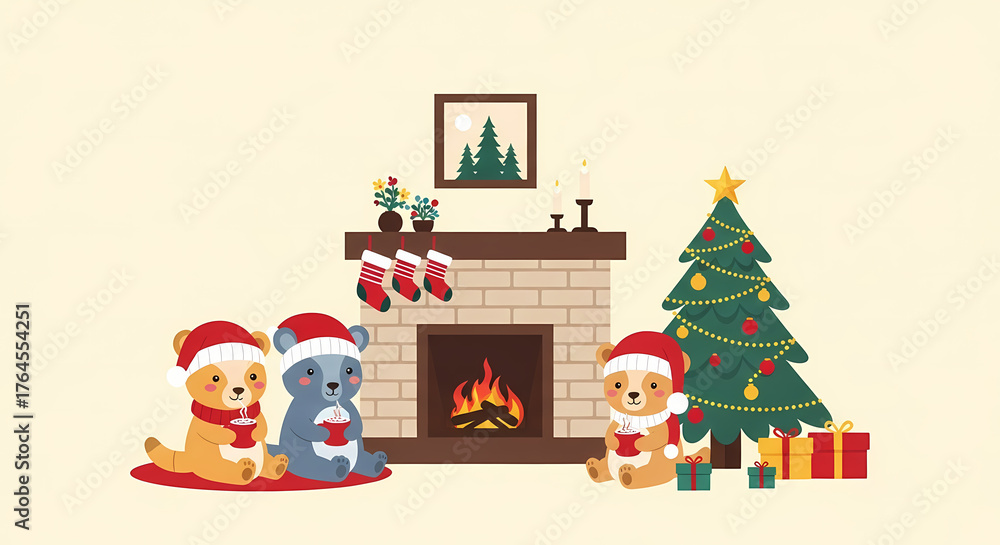 Naklejka premium Vector illustration of a cozy interior scene featuring a brick fireplace, hanging Christmas stockings, and a pile of gifts next to the Christmas tree.