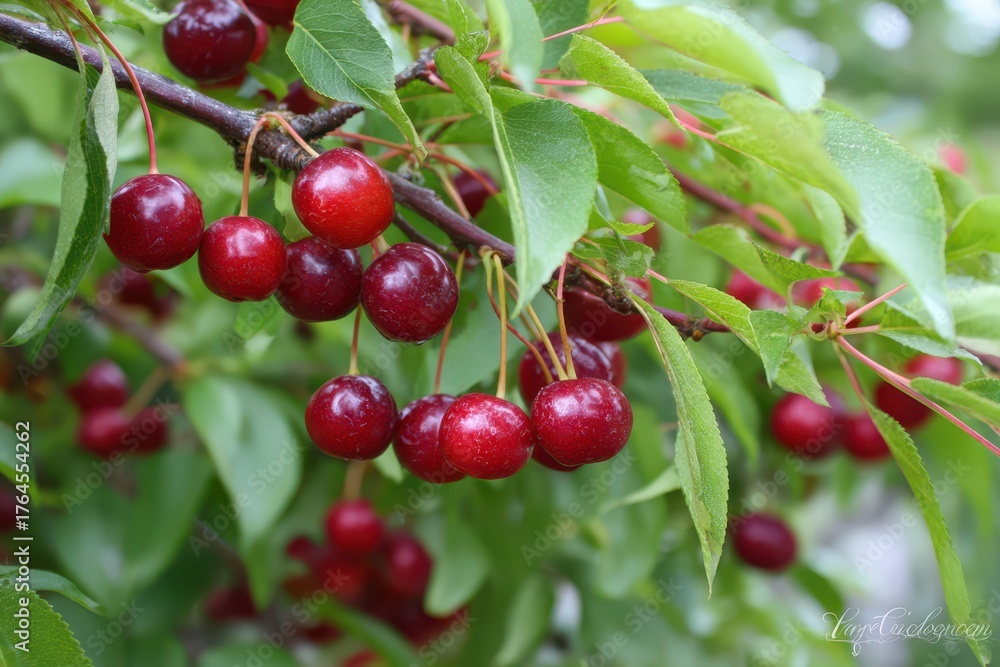 Fototapeta premium Chokecherry Tree in Summer Garden: Red Fruit and Green Foliage
