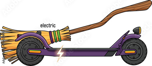 Vector art of electric scooter with a broom as a handle isolated on white