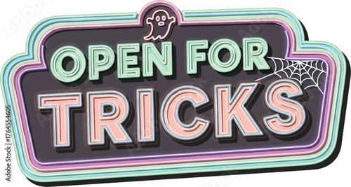 Vector art of open for tricks neon sign with ghost and spider web