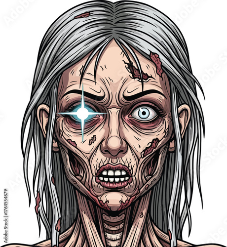 Vector art of horrifying zombie woman with decaying skin and glowing eye