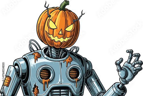 Vector art of scary robot with a pumpkin head