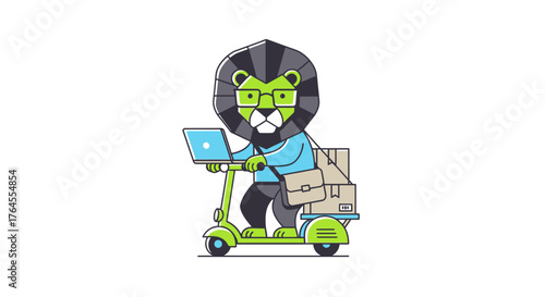 Anthropomorphic lion character riding a scooter with a laptop.