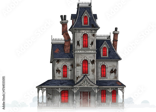 Vector art of spooky haunted house with glowing red windows