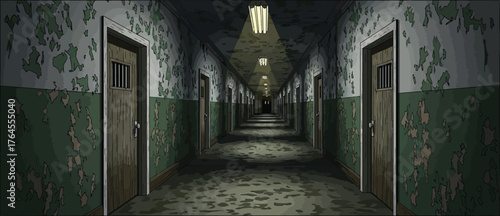 Vector art of long dark hallway with peeling paint and doors