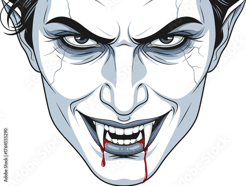 Vector art of vampire face with fangs and blood
