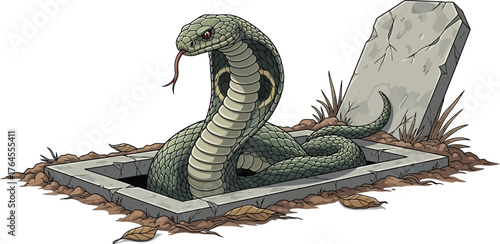 Vector art of cobra emerging from a square hole with a tombstone behind it