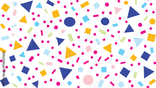 Abstract geometric confetti seamless pattern. Colourful confetti shapes for party celebration and festive events. modern background with playful shapes, circles, triangles, and curves. Vector 
