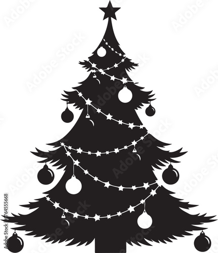 Vector art of silhouette of a christmas tree decorated with ornaments and a star on top, the tree is a classic symbol of the holiday season, representing joy, celebration, and the spirit of giving