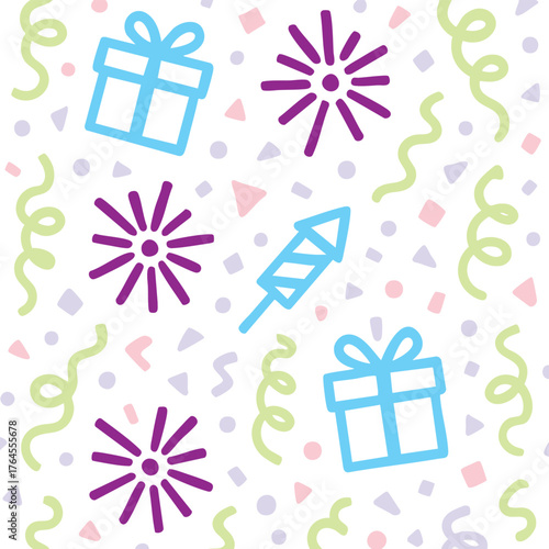 Colourful festive pattern with confetti and fireworks. seamless celebration background for party events, holidays, birthdays, and joyful occasions, perfect for wrapping paper or invitations